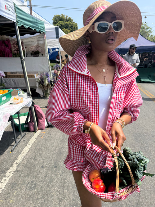 SUNDAY MARKET RED GINGHAM CROPPED JACKET